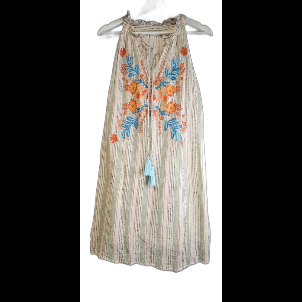 THML Embroidered Boho Sleeveless Tunic Dress Striped Gauze Tassel Size S